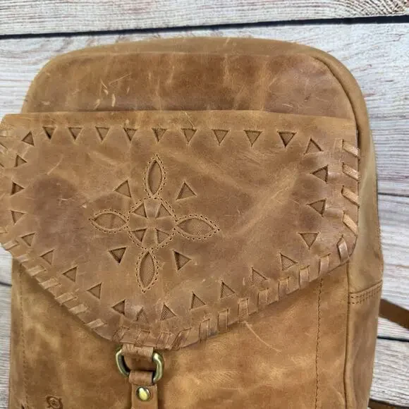 BORN Brown Leather Backpack Bag Distressed Bohemian Laser Cut Fringe Festival - Picture 4 of 16